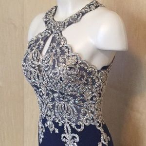 metallic lace and jersey round neck halter gown